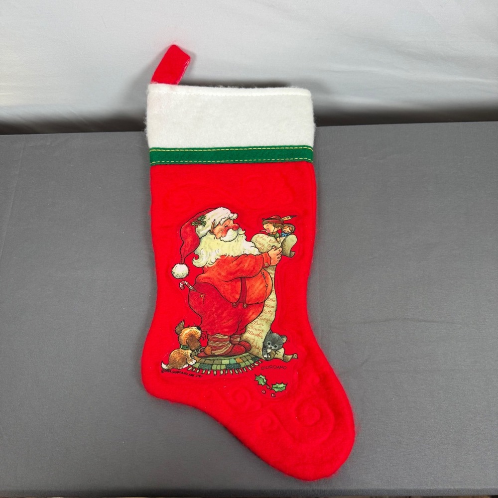 1984 Giordano Art Ltd Christmas Felt Stocking Santa Claus Kittens Dogs Holly Red